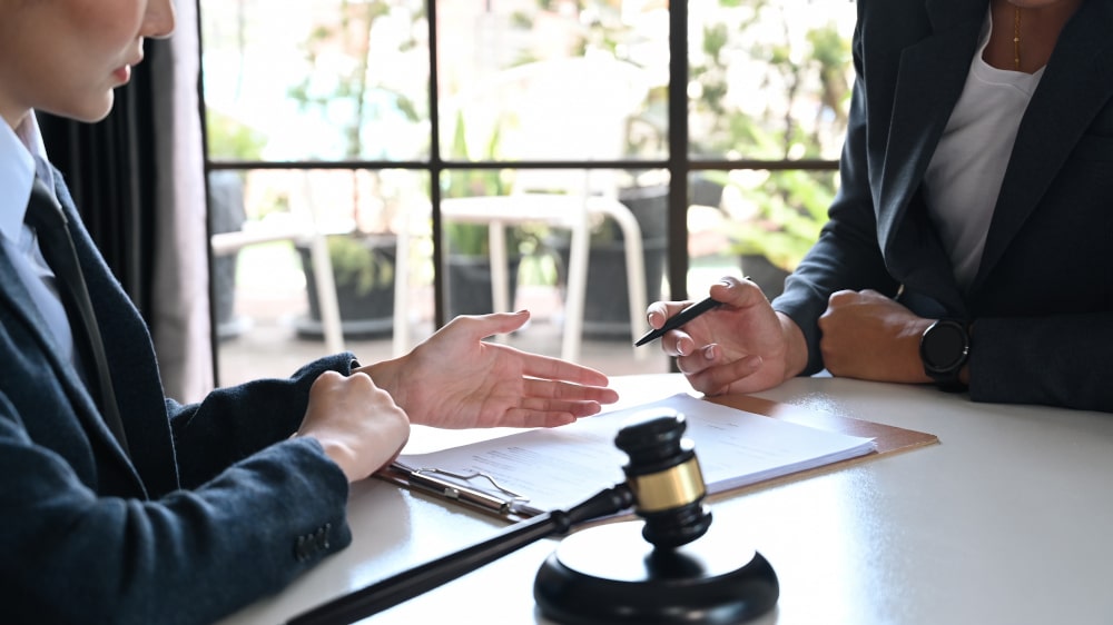 Criminal defence lawyer consulting with client about affidavit preparation