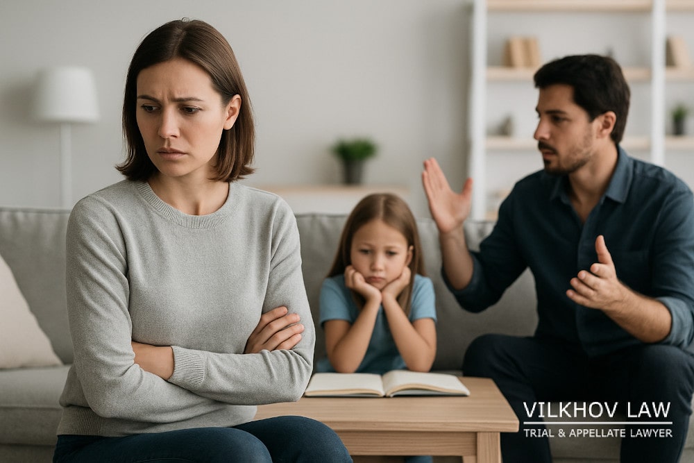 Domestic Assault and Child Custody: Upset woman sitting apart from man arguing near a sad child during a family conflict