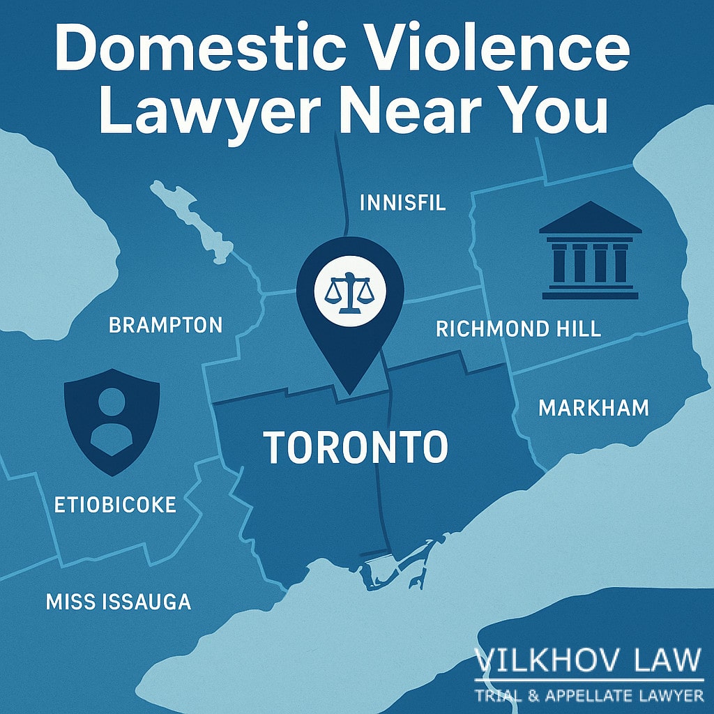 GTA Coverage: Find a Domestic Violence Lawyer Near You in Toronto and Neighbouring Cities Map of Toronto and surrounding GTA locations showing availability of domestic violence lawyers near you, including icons for legal support and justice