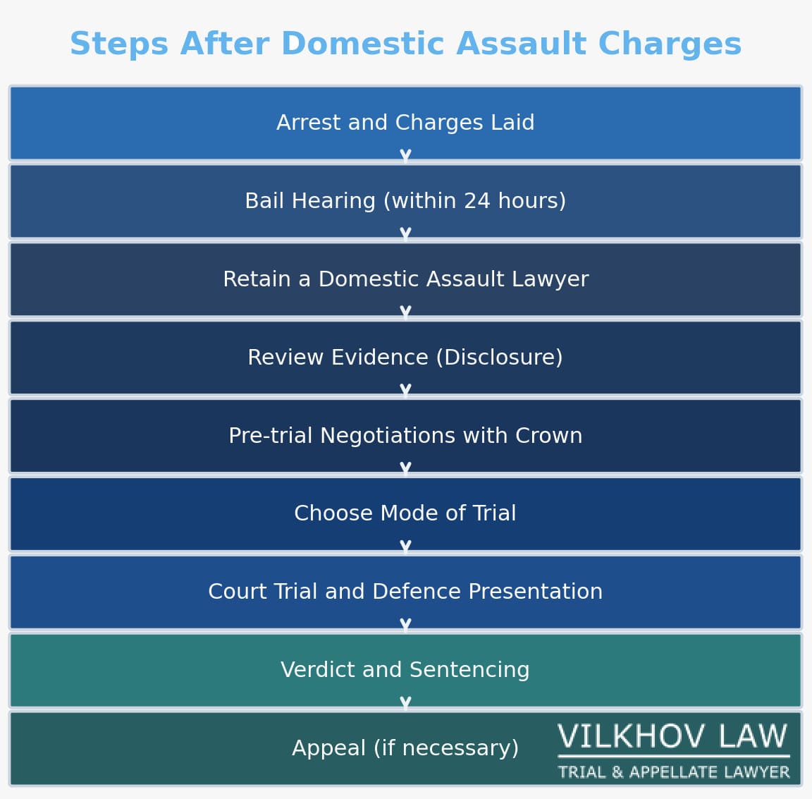 Legal Process Timeline: Steps After a Domestic Assault Charge in Ontario Steps to take after being charged with domestic assault in Ontario, including arrest, bail, lawyer consultation, trial, and possible appeal.